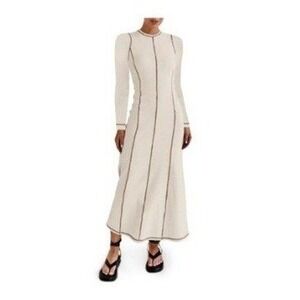 Wenrine Womens Long Sleeve Maxi Dress Contrast Stitch Ribbed Fuzzy Beige Large